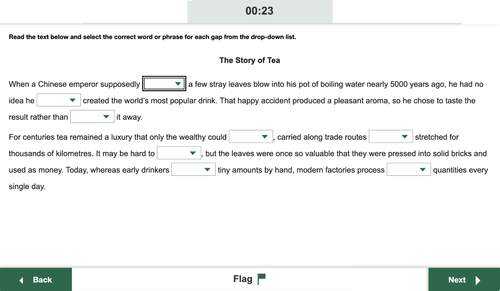 Alpha One Learnyst online test interface showing a timed reading comprehension question
